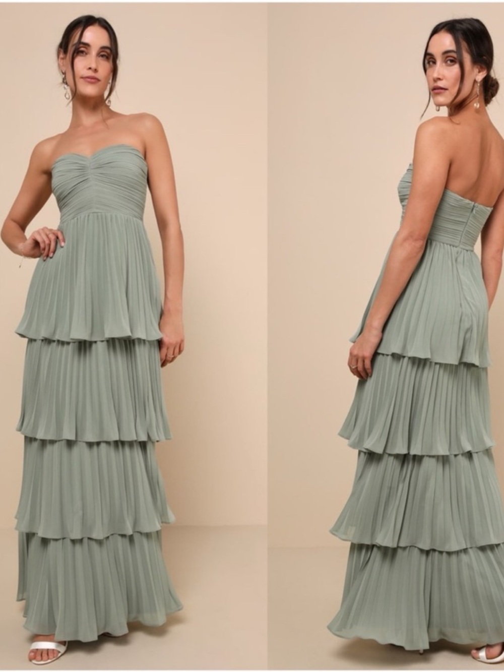 LULU'S Seriously Sensational Sage Brush Strapless Tiered Maxi Dress - Picture 2 of 6